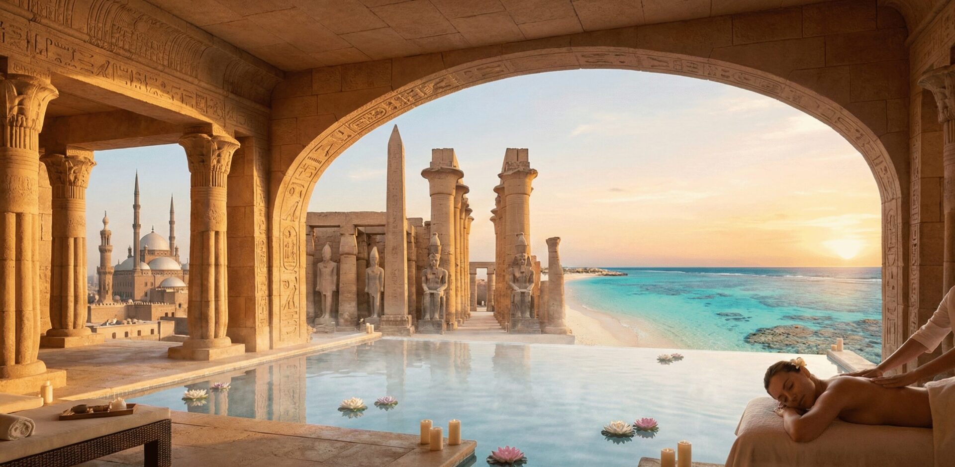 Woman receiving massage in luxury Pharaonic spa overlooking panoramic view of Luxor Temple, Islamic Cairo, and Hurghada Red Sea beach at sunset.