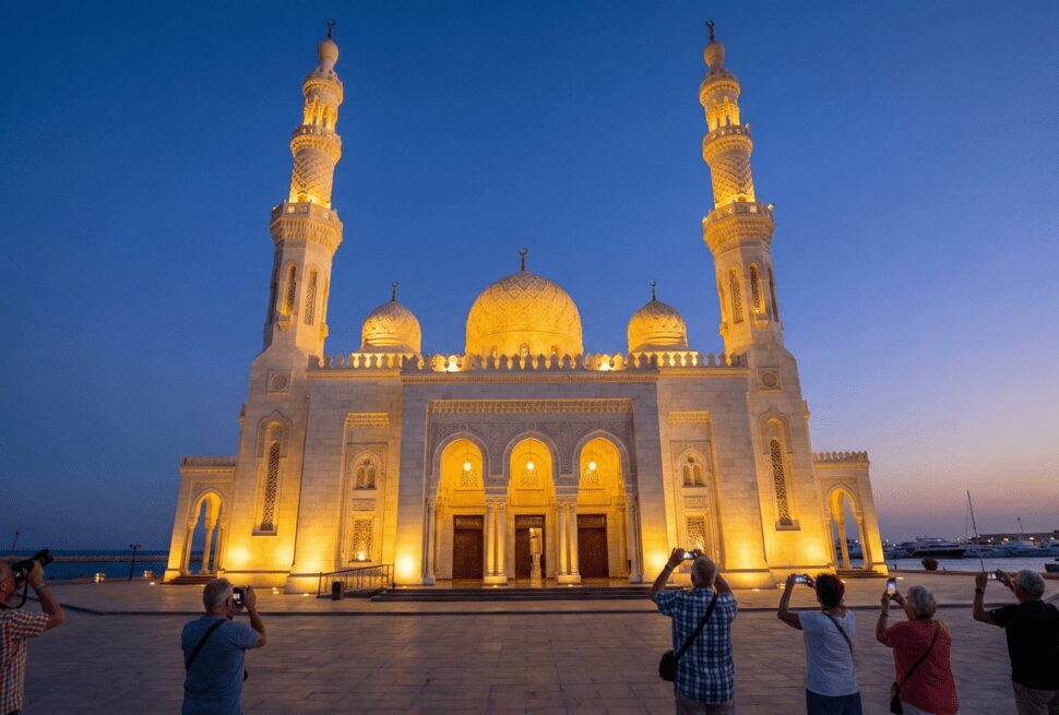 Illuminated Al Mina Mosque in Hurghada at twilight, showcasing Islamic architecture and minarets.