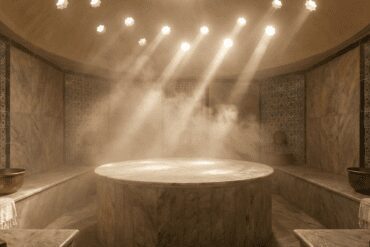 Interior of a luxurious, traditional Turkish Hammam in Hurghada with a central marble slab, steam, copper bowls, and soft lighting.