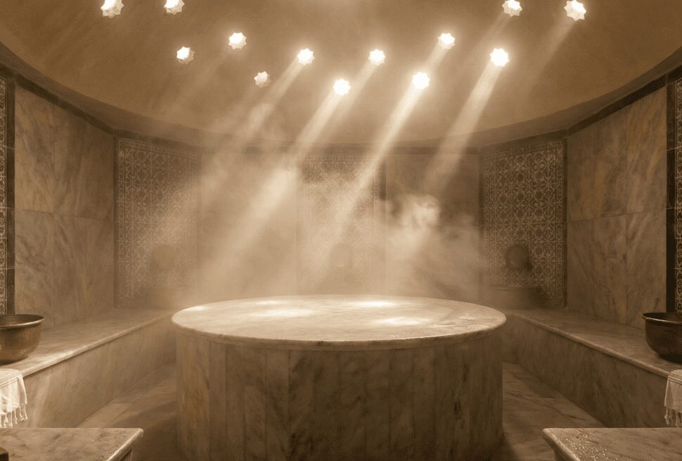 Interior of a luxurious, traditional Turkish Hammam in Hurghada with a central marble slab, steam, copper bowls, and soft lighting.