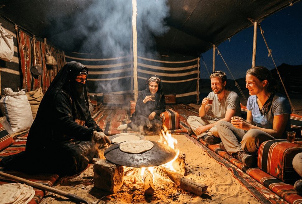 Tourist drinking tea during Bedouin Safari Trip Hurghada