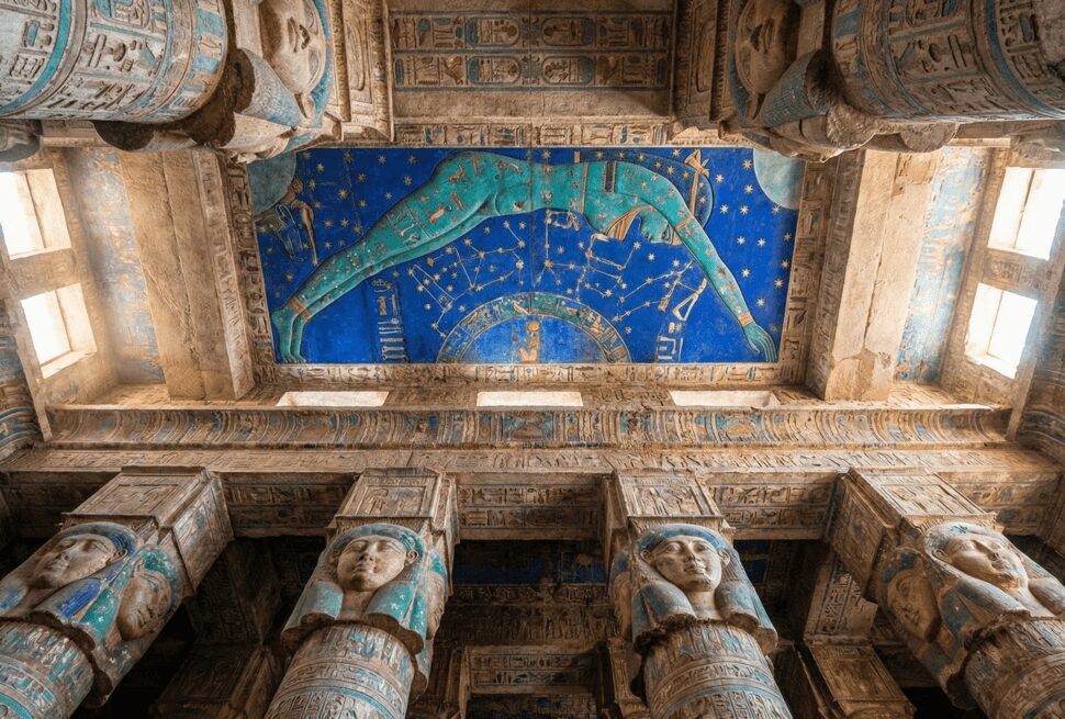 Colorful ceiling of Dendera and Abydos Temples showing the goddess Nut