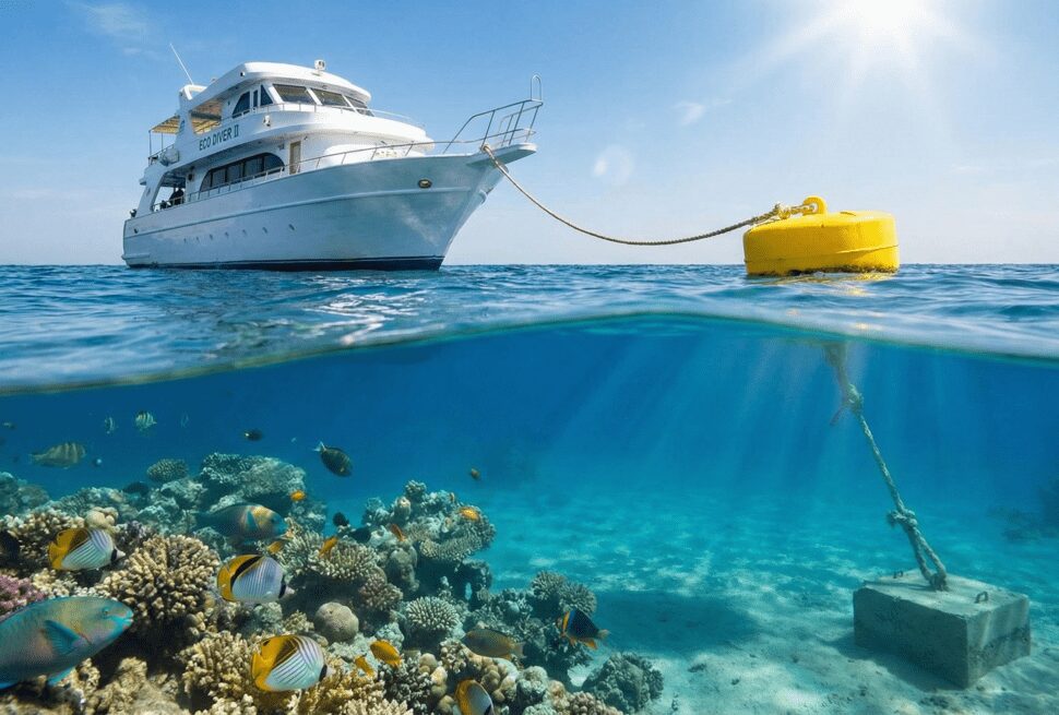 Diving boat tied to a HEPCA mooring buoy in the Red Sea to protect the coral reefs from anchor damage.