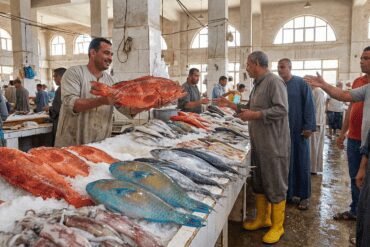 Fresh seafood display at the Hurghada Fish Market (Halaqat El Samak) with local fishermen.