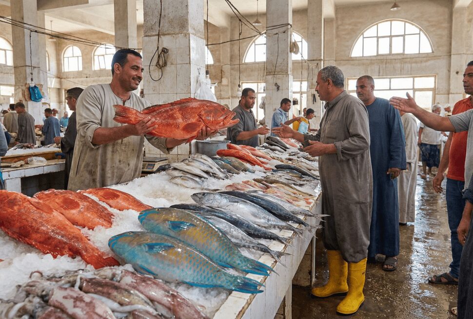 Fresh seafood display at the Hurghada Fish Market (Halaqat El Samak) with local fishermen.