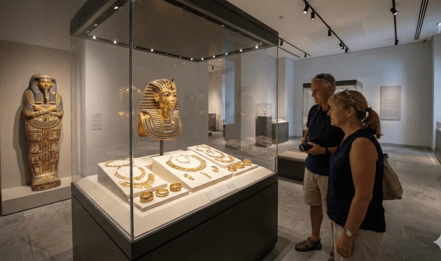 Ancient Egyptian artifacts on display at the Hurghada Museum, featuring golden jewelry and painted coffins.