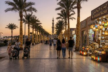 Families walking along the illuminated El Mamsha Tourist Promenade in Hurghada at night.