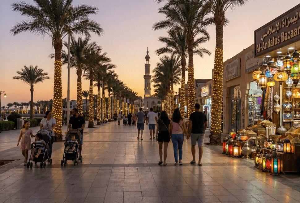 Families walking along the illuminated El Mamsha Tourist Promenade in Hurghada at night.