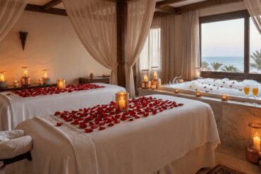 Luxury couples spa suite in Hurghada featuring side-by-side massage tables with rose petals, candlelight, and a private jacuzzi tub in the background.