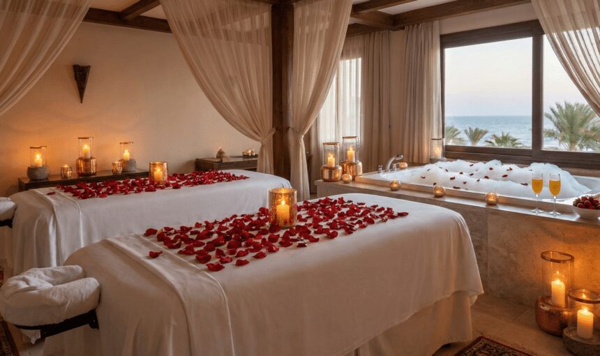 Luxury couples spa suite in Hurghada featuring side-by-side massage tables with rose petals, candlelight, and a private jacuzzi tub in the background.
