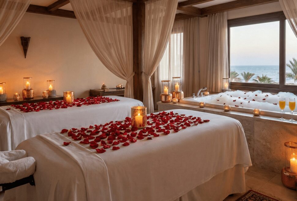 Luxury couples spa suite in Hurghada featuring side-by-side massage tables with rose petals, candlelight, and a private jacuzzi tub in the background.