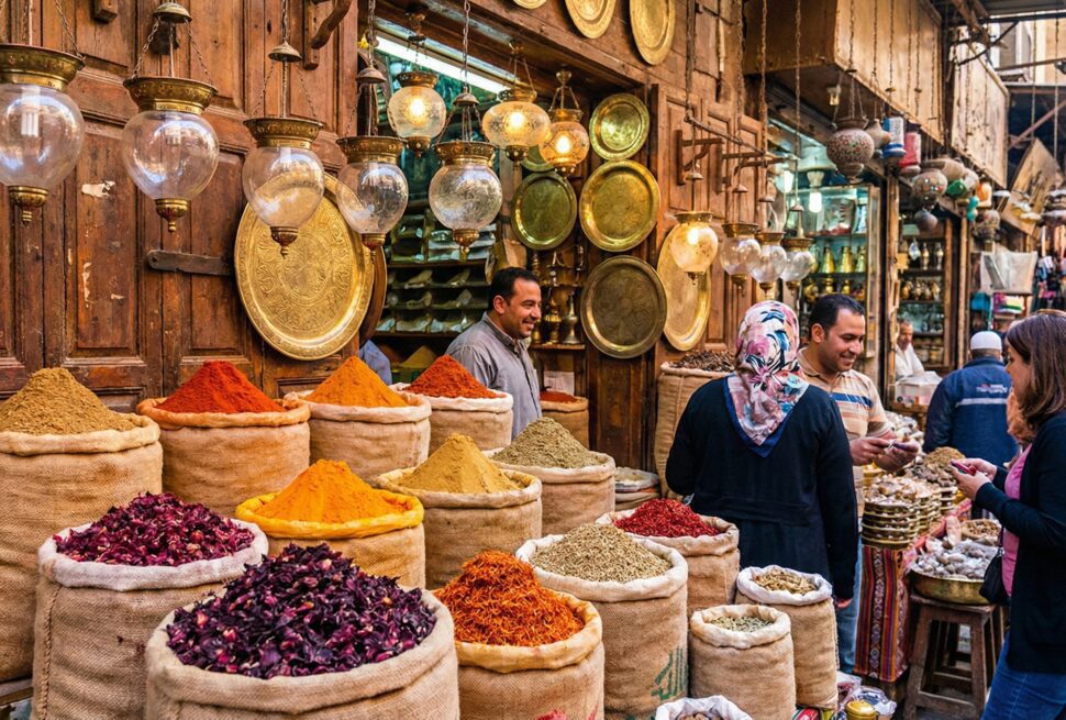 Traditional spice shop in Hurghada displaying colorful Egyptian spices, hibiscus, and souvenirs.