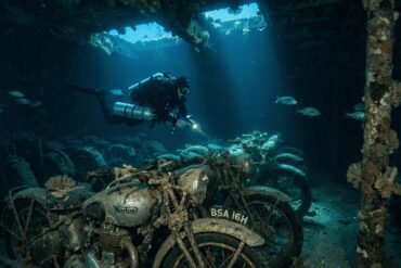 Scuba diver exploring WWII motorcycles inside the SS Thistlegorm shipwreck in the Red Sea.