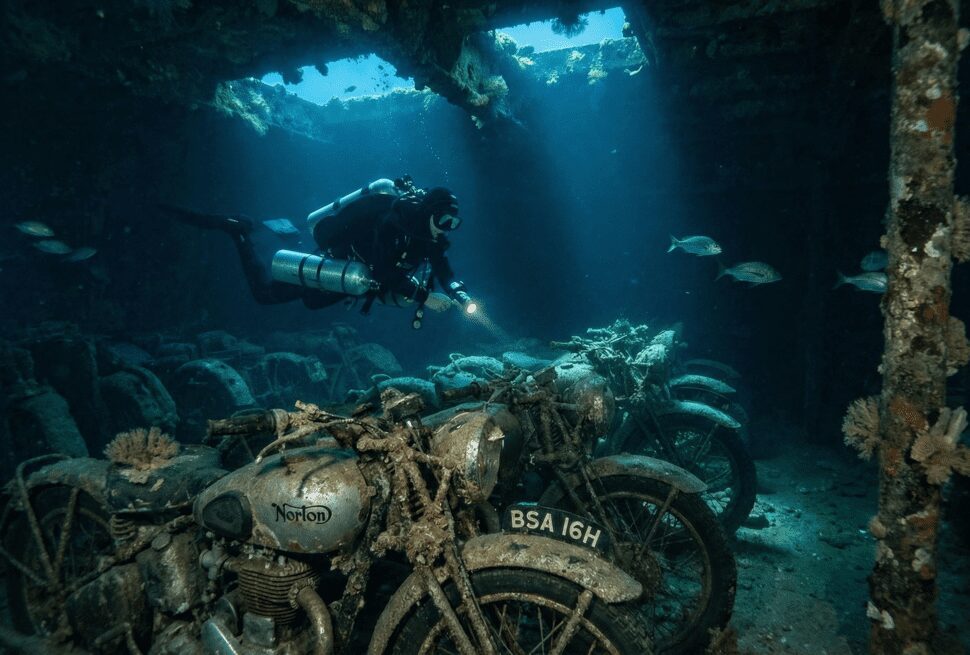 Scuba diver exploring WWII motorcycles inside the SS Thistlegorm shipwreck in the Red Sea.