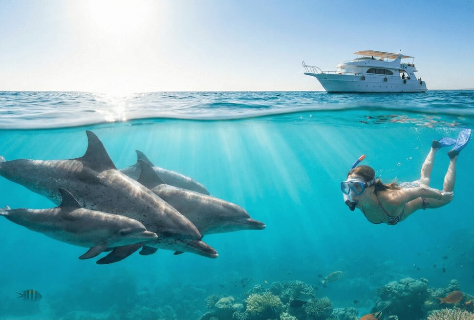 Snorkeler swimming with a pod of wild dolphins in the Red Sea at Dolphin House Hurghada.