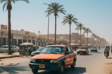 Orange and dark blue taxi driving on a busy street in Hurghada city center.