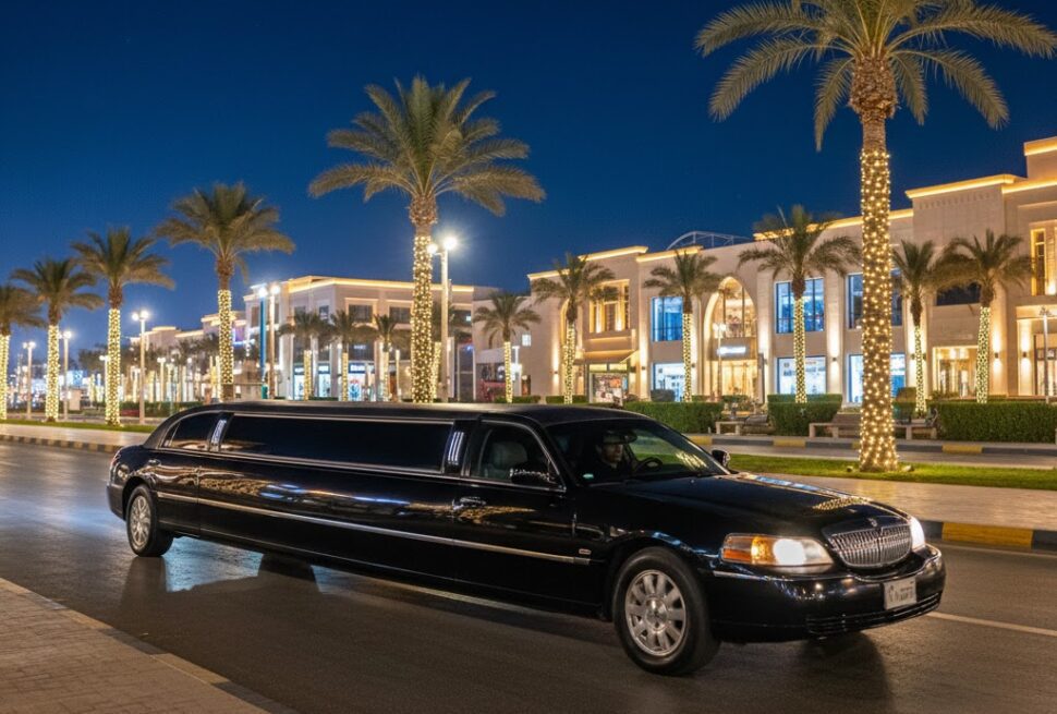 Professional black limousine waiting on El Mamsha promenade Hurghada at night for safe tourist transport.