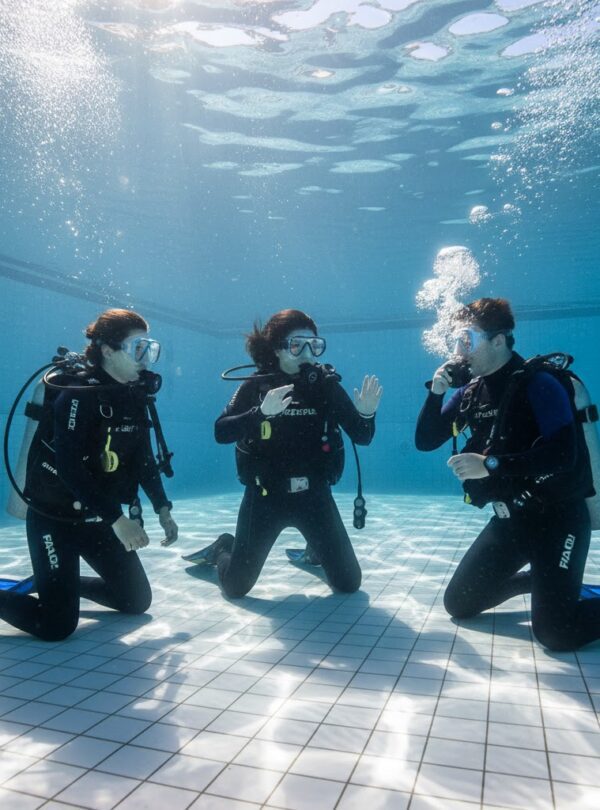 Diving instructor teaching students basic skills in a clear swimming pool.