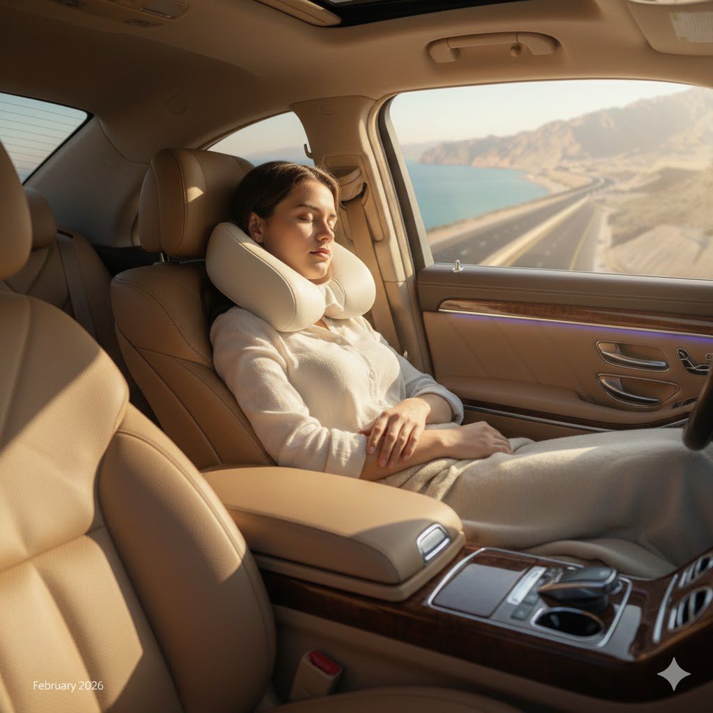 Tourist sleeping comfortably in a Hurghada to Pyramids Private Trip car