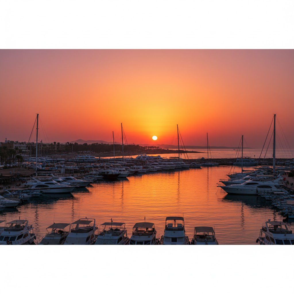 Boat returning to Hurghada marina at sunset