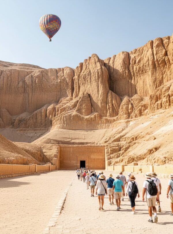 Tourists walking towards the entrance of a tomb in the Valley of the Kings, Luxor.