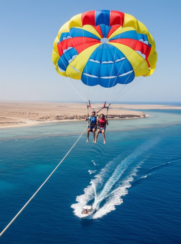 A couple flying in a parasail high above the sea, towed by a boat.