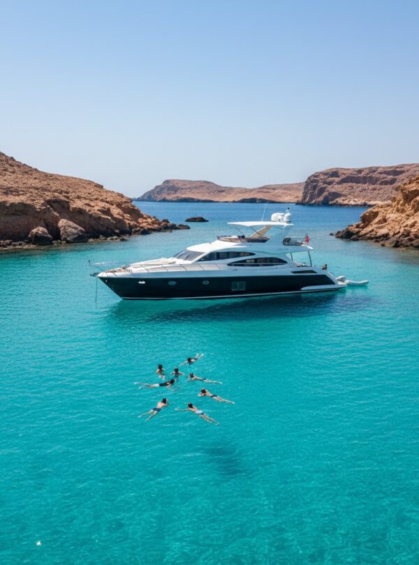 A sleek private motor yacht anchored in a secluded bay with people swimming.