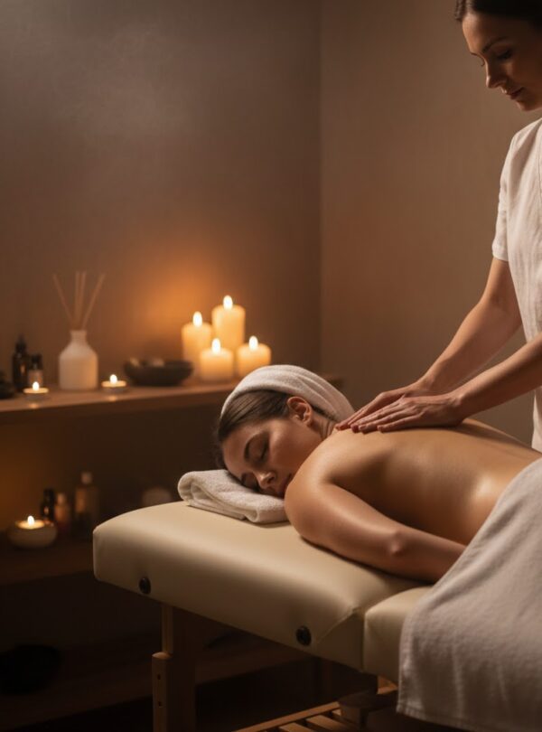 A person receiving a relaxing back massage from a therapist in a spa treatment room.