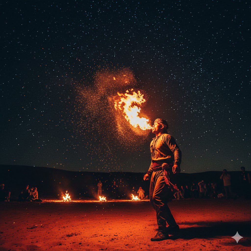 Fire show performance in Hurghada desert