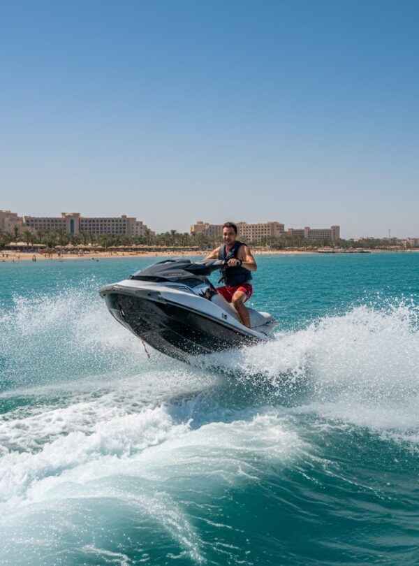 A person riding a jet ski at high speed on the blue waters of the Red Sea.