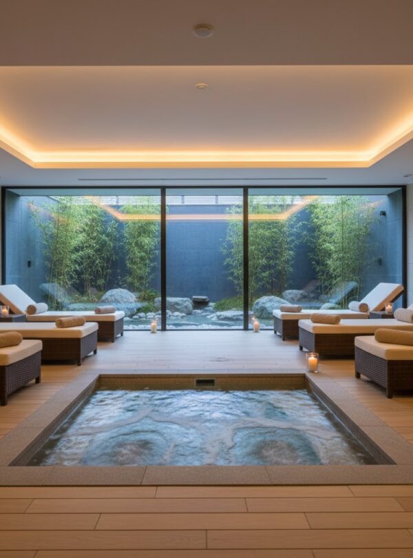 A serene relaxation area in a luxury spa with lounge chairs and a jacuzzi.